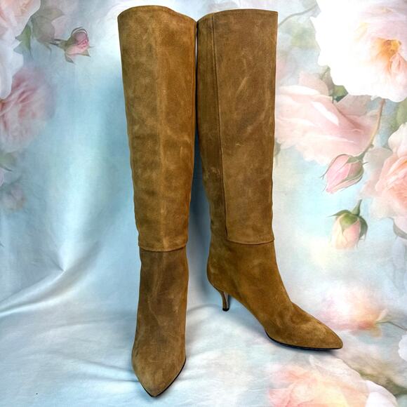 Neil J. Rodgers Camel Suede Leather Pointed Toe Knee High Pull On Heeled Boots - Picture 1 of 10